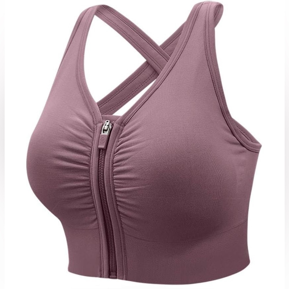 Front-Zip Mauve Sports Bra with Crisscross Back